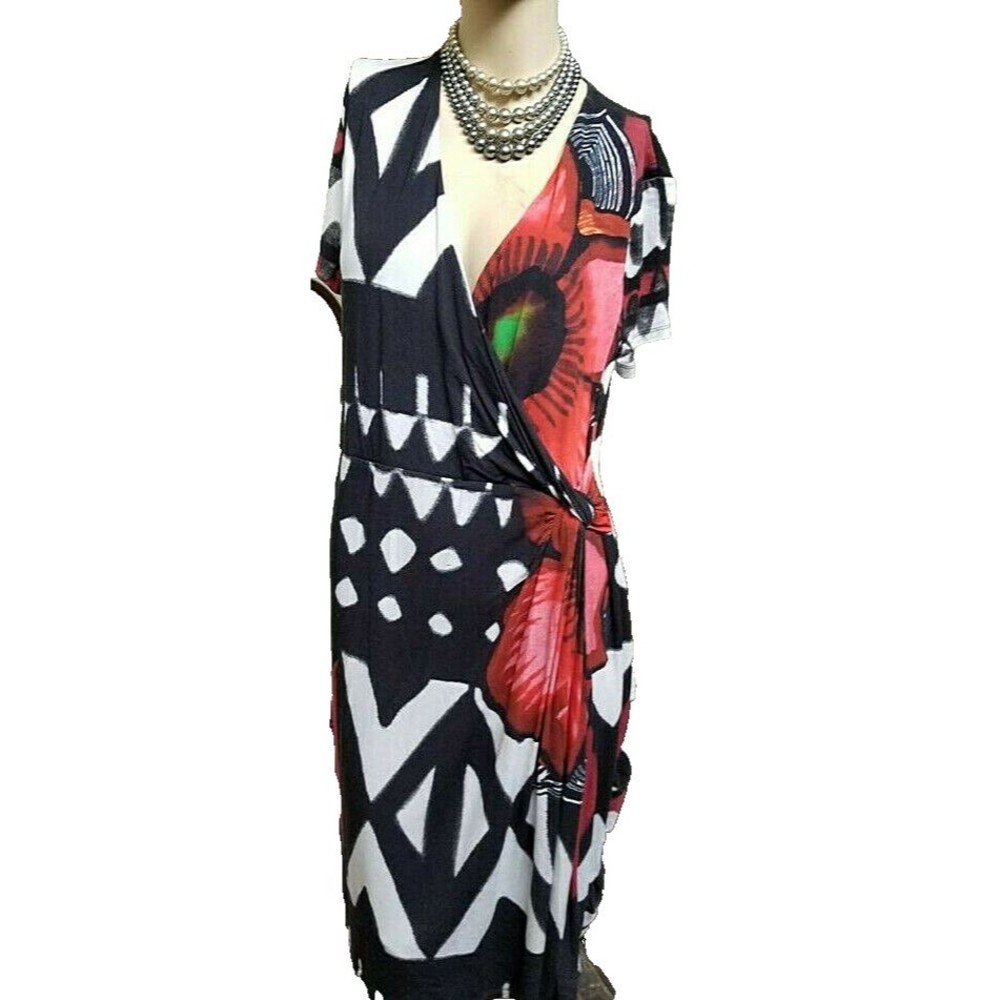 Desigual Dress Size Medium Designer Lined Boho Faux Side Tie Wrap Deep V Artsy